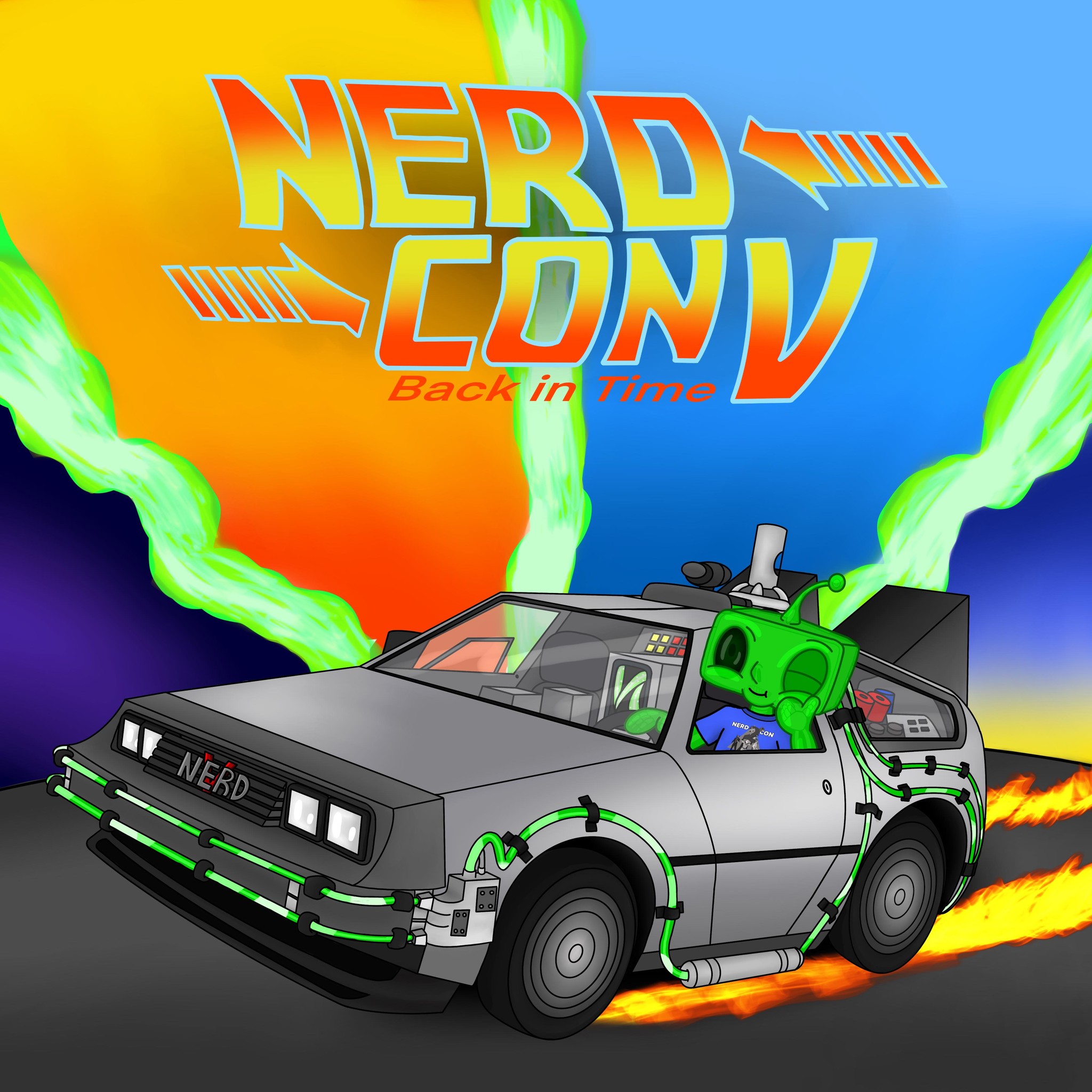 Nerd Con graphic depicting an alien in a vehicle giving a thumbs up gesture with flames coming off of the wheels
