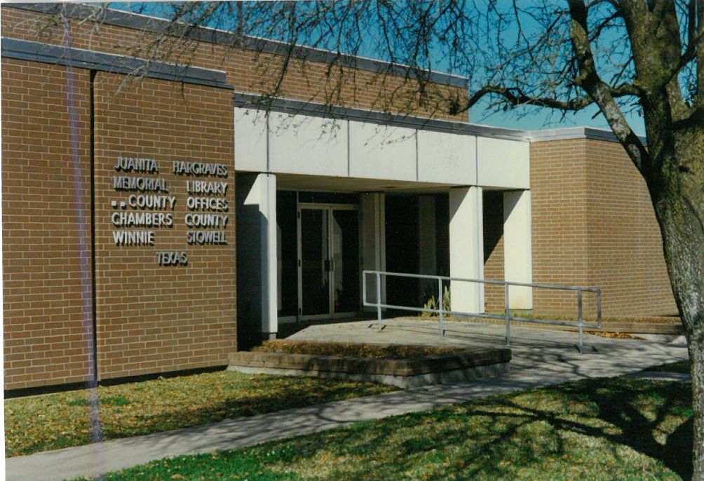 Historic photo of the Chambers County Library building in Winnie