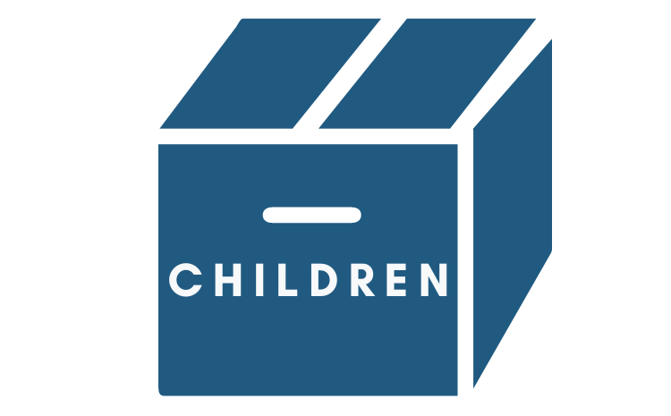 cardboard box with a label that reads "children"