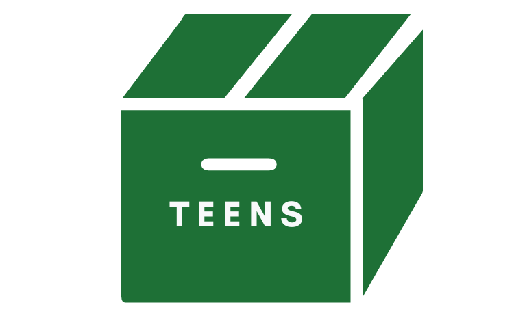 cardboard box labeled "teens"